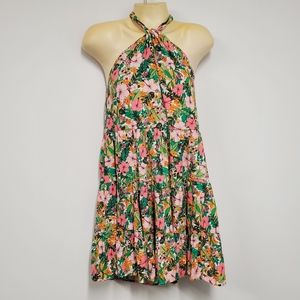 Copper Key Halter Floral Mini Dress M Green Pink Hibiscus Linen Tropical Beachy